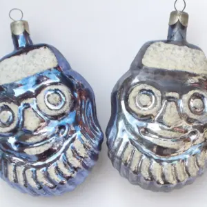 Set of 2 Vintage Silver Glass Christmas Tree Ornaments Santa Faces