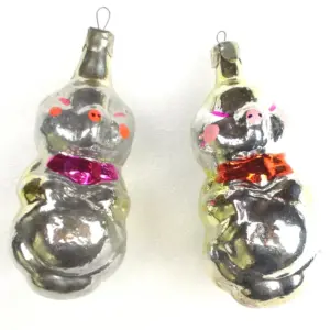 Set of 2 Vintage Silver Ukrainian Glass Pig Christmas Ornaments