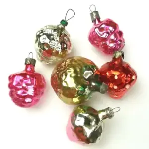 Set of 6 Vintage Glass Ukrainian Christmas Ornaments Strawberry