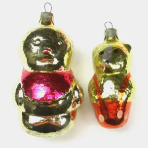 Set of 2 Vintage Silver Glass Ukrainian Christmas Tree Ornament S Mama Bear & Cub