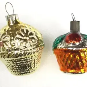 Set of 2 Vintage Ukrainian Glass Christmas Tree Ornaments Baskets