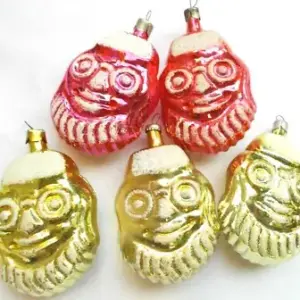 Set of 5 Vintage Glass Ukrainian Christmas Ornaments Santa Faces
