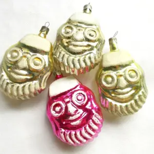Set of 4 Vintage Glass Russian Christmas Tree Ornaments Santa Faces