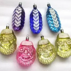 Set of 7 Vintage USSR Silver Glass Christmas Tree Ornaments