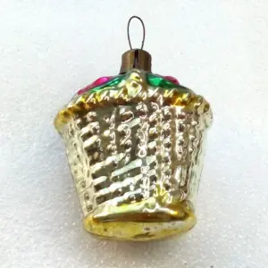 Vintage Glass Christmas Ornament Basket w Flowers