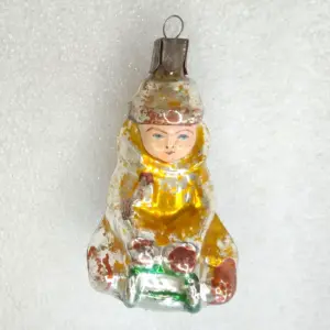 Antique Vintage USSR Glass Christmas Tree Ornament Kid on Sledge