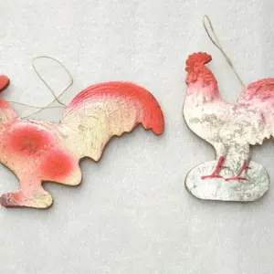 Set of 2 Antique Vintage Cardboard Dresden Christmas Ornament Roosters