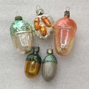 Set of 5 Antique Vintage Silver Glass Christmas Tree USSR Ornaments Decor Acorns