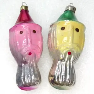 Set of 2 Vintage USSR Glass Christmas Ornament Two Faced