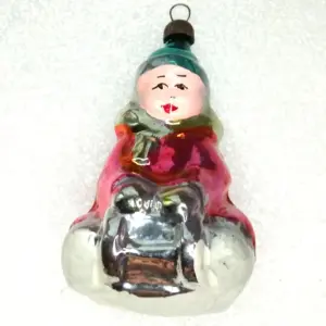Vintage USSR Glass Christmas Ornament Boy on Sled