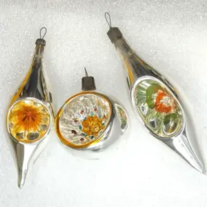 Set of 3 Antique Vintage Glass USSR Christmas Ornaments Tree Lanterns