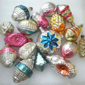 Set of 17 Antique Vintage Silver Glass Christmas Ornaments Tree USSR