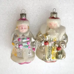 Set of 2 Antique Vintage USSR Glass Christmas Ornaments Santa & Snowmaiden