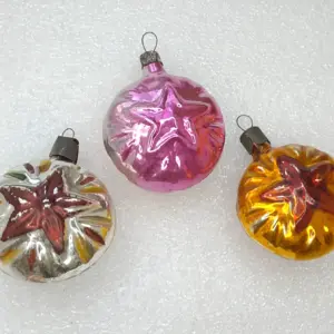 Set of 3 Antique Vintage Glass Christmas Ornaments USSR Red Stars