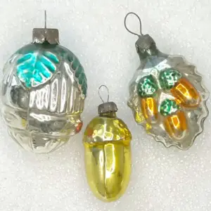 Set of 3 Antique Vintage Glass Christmas Ornament Old Acorns