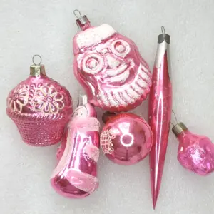 Set of 6 Antique Vintage USSR Glass Christmas Ornaments Pink