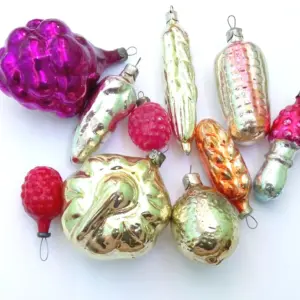 Set of 10 Vintage Glass Ukrainian Christmas Ornament Fruits & Vegetables