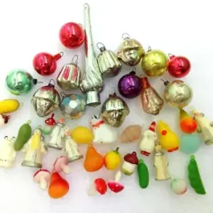 Set 43 Small Vintage Glass & Plastic Ukrainian Christmas Ornament Small Tree