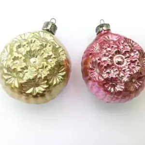 Set of 2 Vintage USSR Glass Christmas Ornaments Flowers