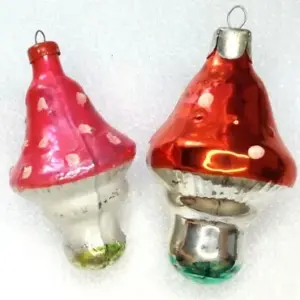 Set of 2 Vintage USSR Glass Christmas Ornaments Mushrooms