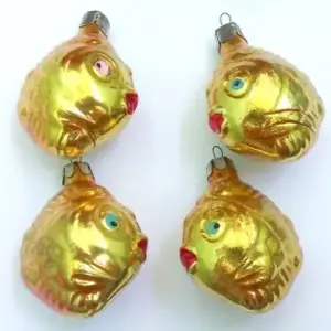 Set of 4 Vintage USSR Glass Christmas Ornament Gold Fishes