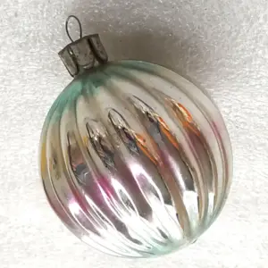 Vintage Soviet Silver Glass Christmas Tree Ornament Ribbed Ball Retro Decor