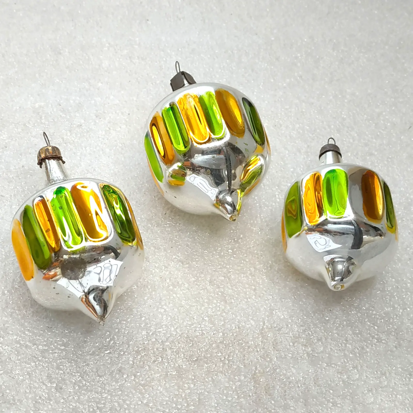 Set of 3 Vintage Soviet Silver Glass Christmas Tree Ornaments Ribbed Tops Set Retro