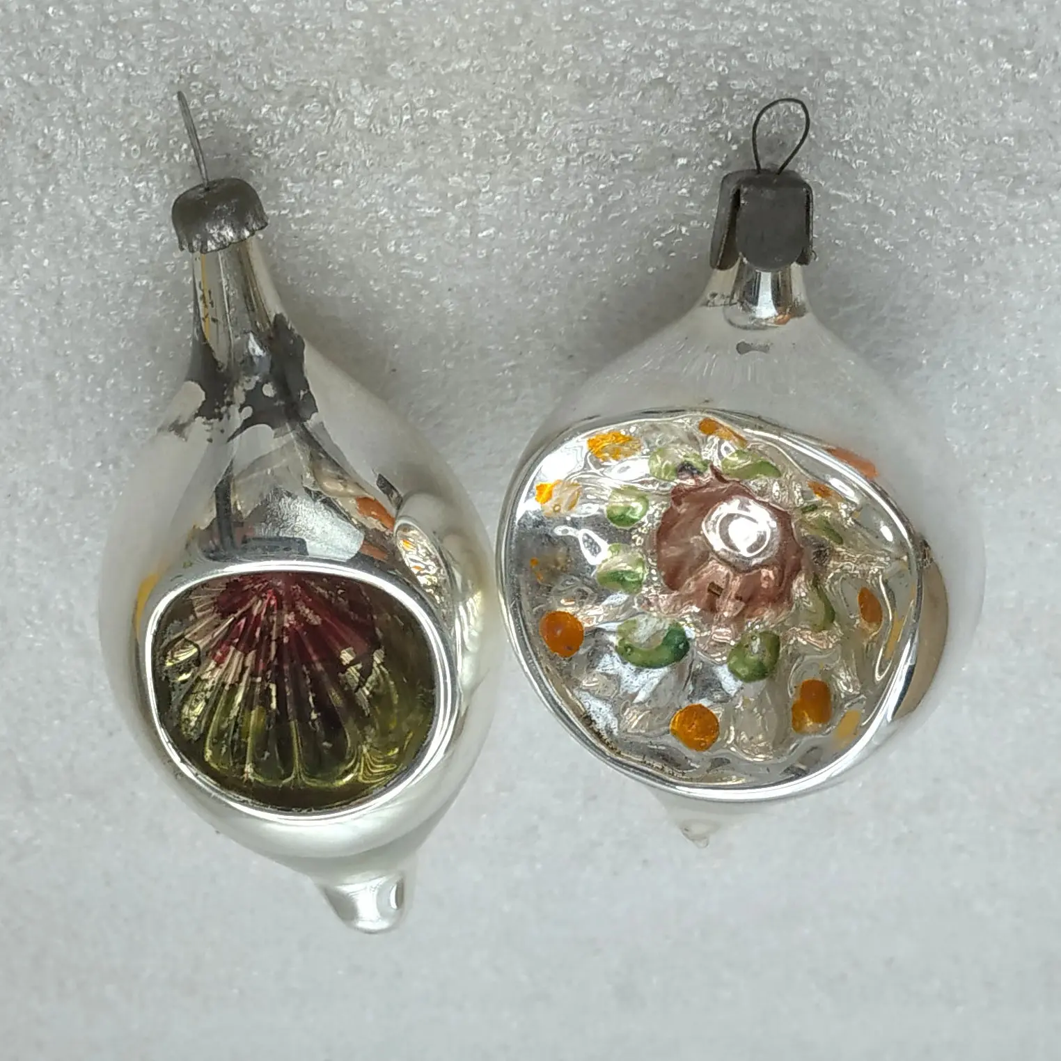 Set of 2 Vintage Soviet Silver Glass Christmas Tree Ornaments Reflector Lantern Retro
