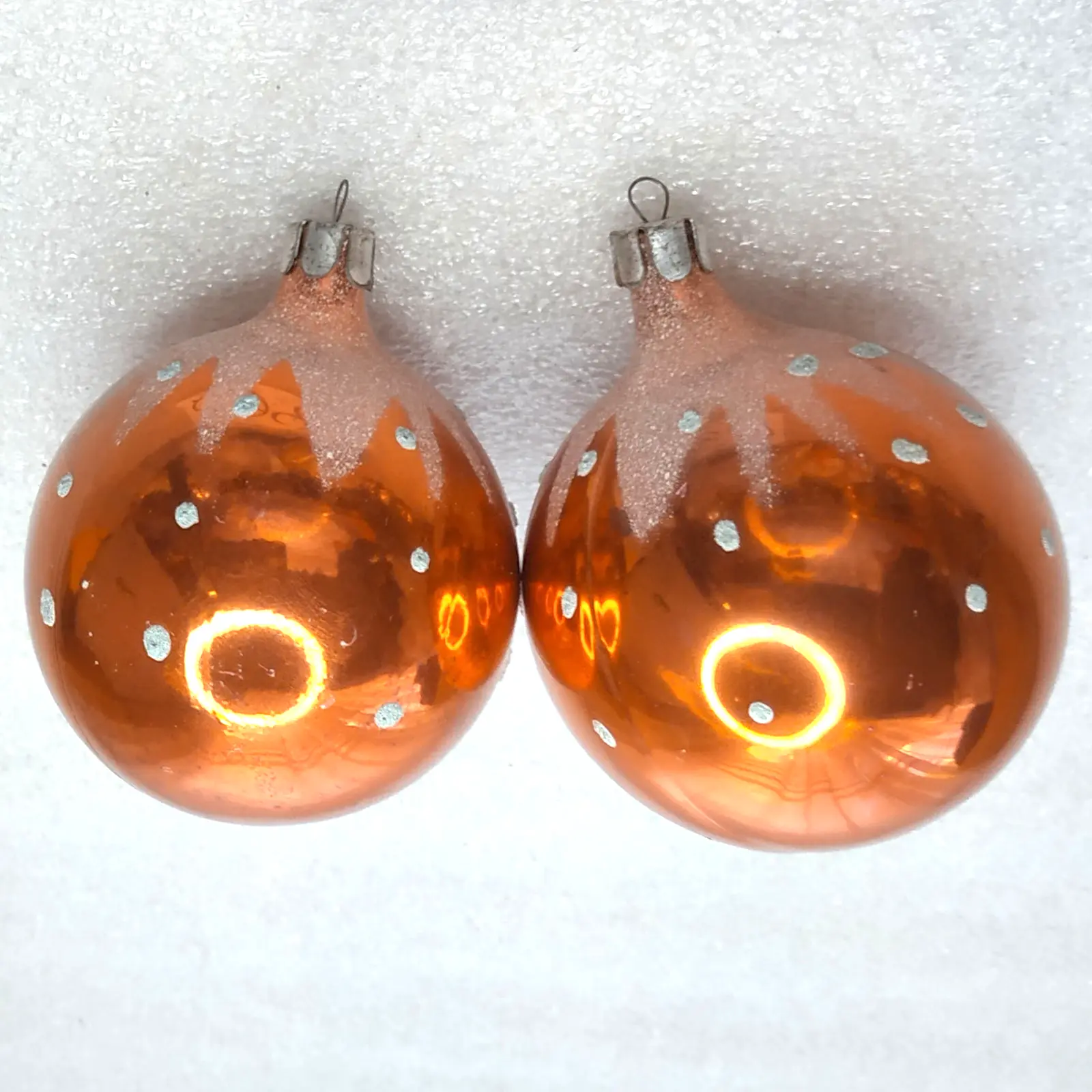 Set of 2 Vintage Soviet Glass Christmas Tree Ornaments Copper Balls Snow Set Retro