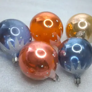Set of 5 Vintage Soviet Glass Christmas Tree Ornaments Copper Balls Snow Set Retro