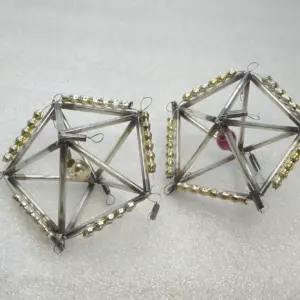 Set of 2 Vintage Soviet Glass Wire Christmas Tree Ornaments Tube Geometric Retro Decor