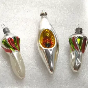 Set of 3 Vintage Soviet Silver Glass Christmas Tree Ornaments Icicles Retro Red Green
