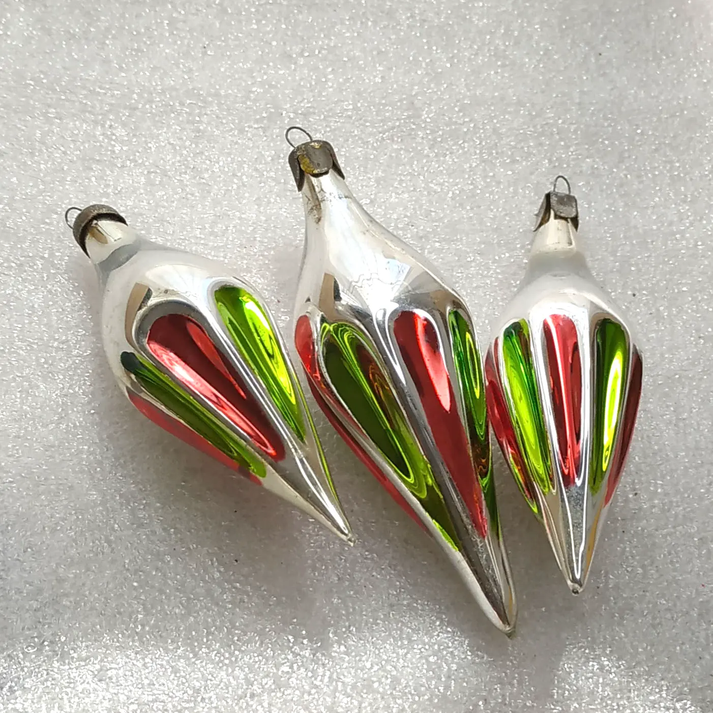 Set of 3 Vintage Soviet Silver Glass Christmas Tree Ornaments Icicles Retro Red Green
