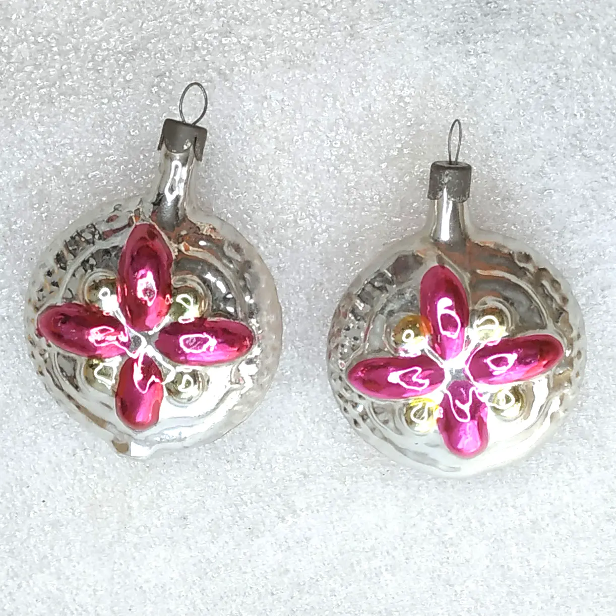 Set of 2 Vintage Soviet Silver Glass Christmas Tree Ornaments Pink Flowers Retro Decor
