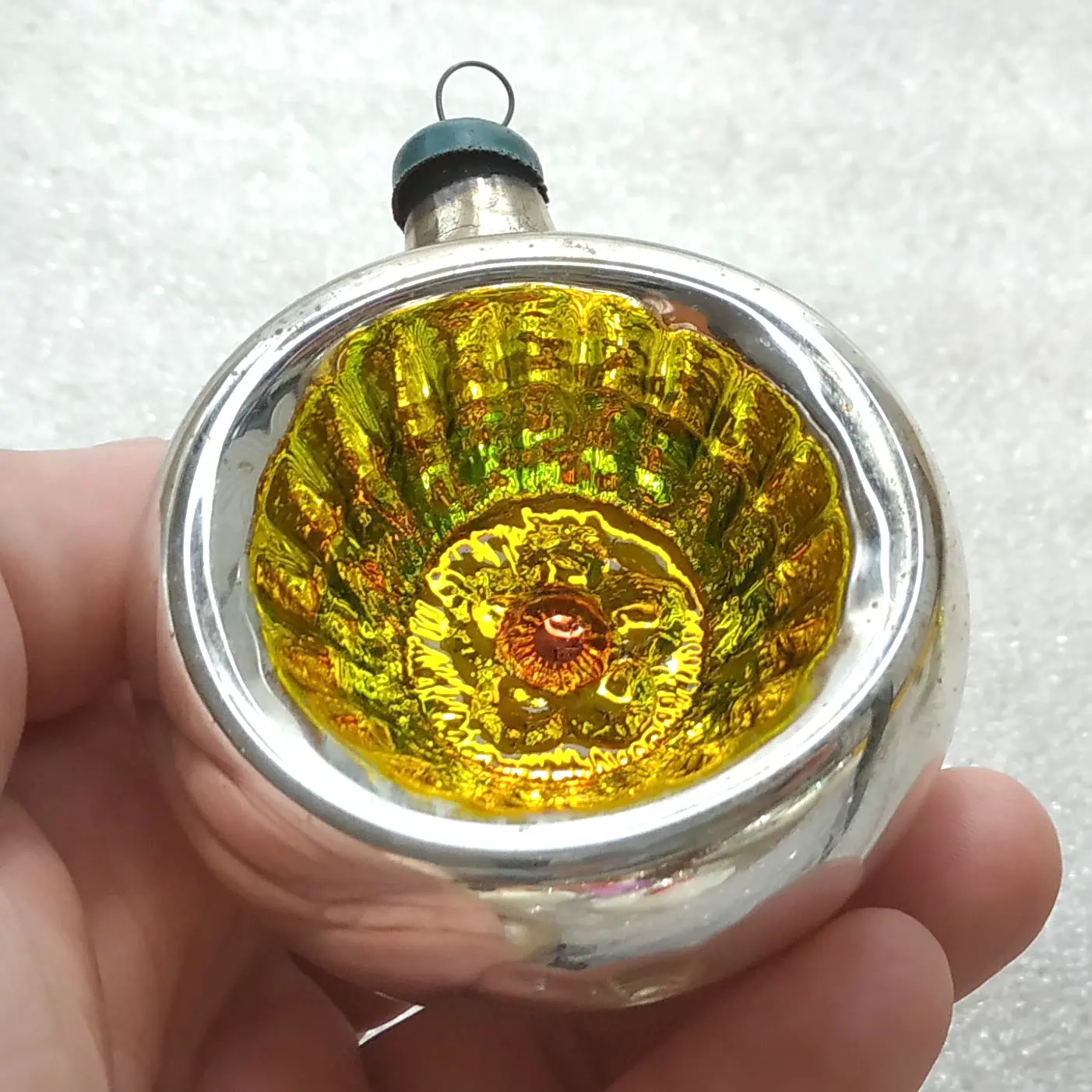 Vintage Soviet Silver Glass Christmas Tree Ornament Reflector Ball Lantern Retro
