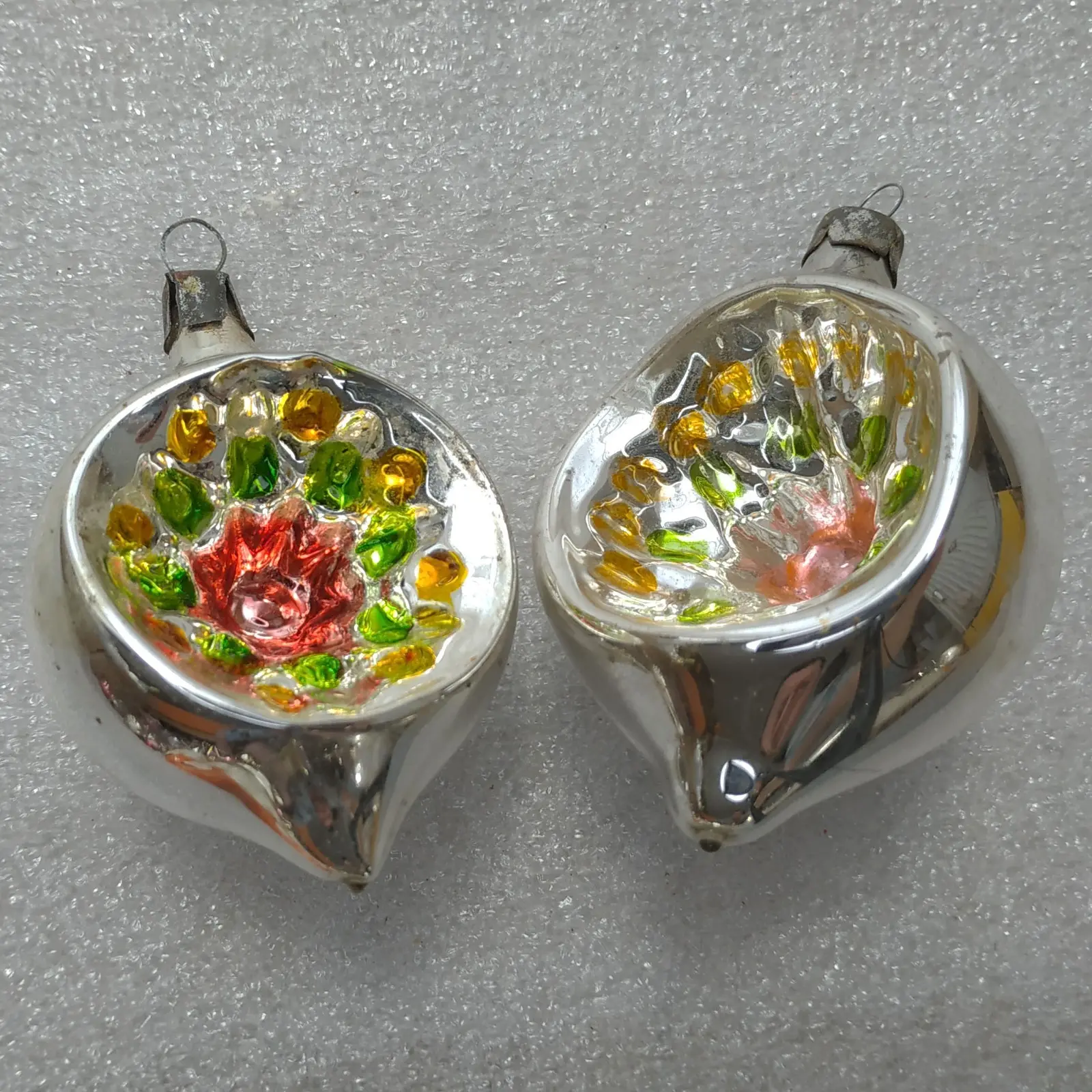 Set of 2 Vintage Soviet Silver Glass Christmas Tree Ornaments Reflector Lantern Retro