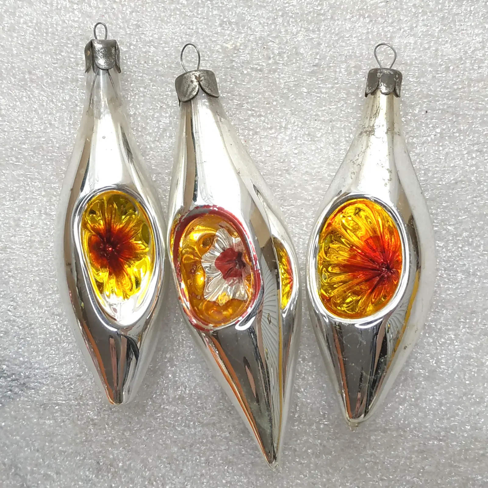 Set of 3 Vintage Silver Soviet Glass Christmas Tree Ornaments Reflector Icicles Retro
