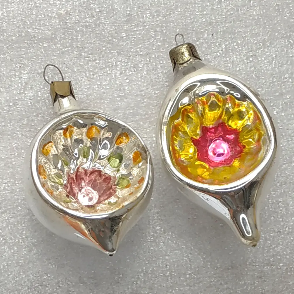 Set of 2 Vintage Soviet Silver Glass Christmas Tree Ornaments Reflector Lantern Retro