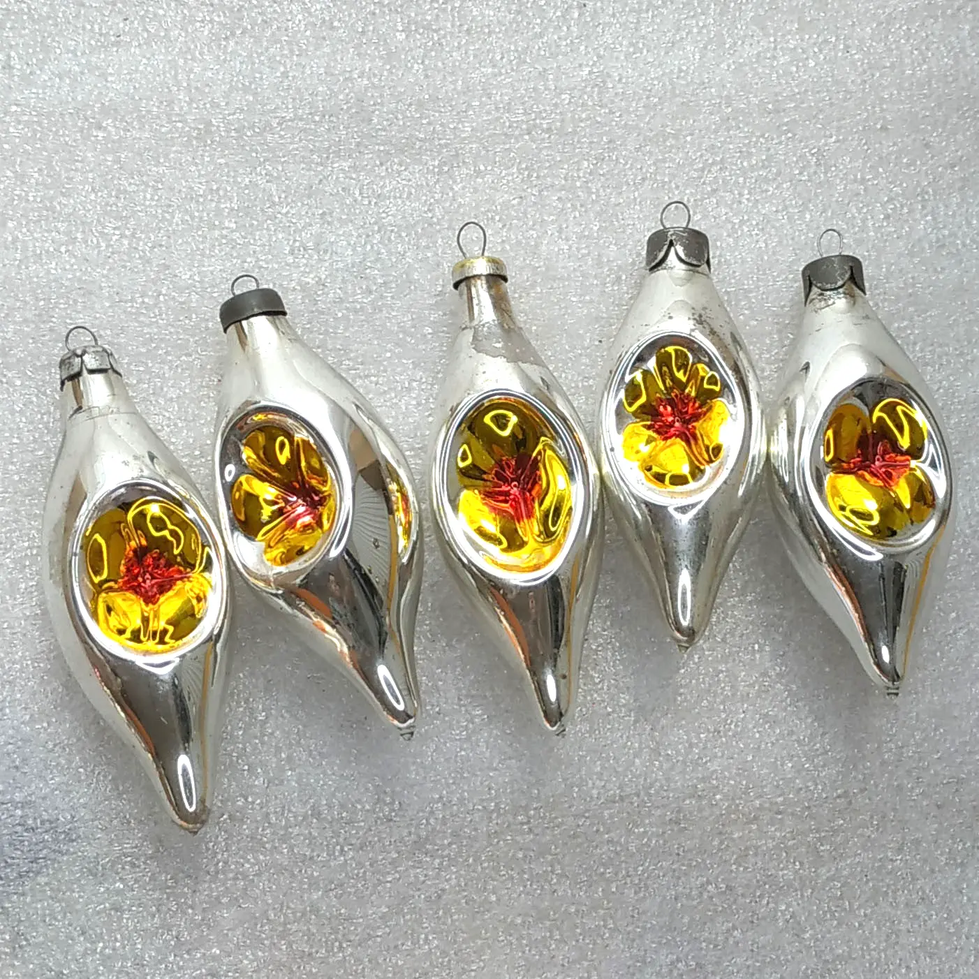 Set of 5 Vintage Silver Soviet Glass Christmas Tree Ornaments Reflector Icicles Retro