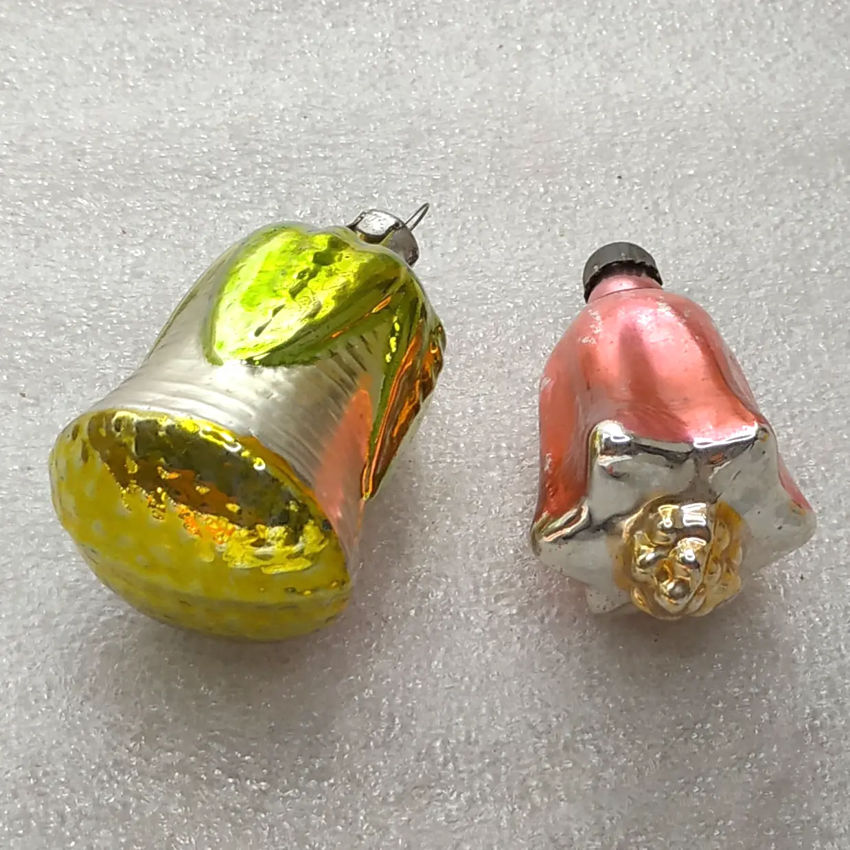 Set of 2 Vintage Soviet Silver Glass Christmas Tree Ornaments Flowers Bells Retro Decor