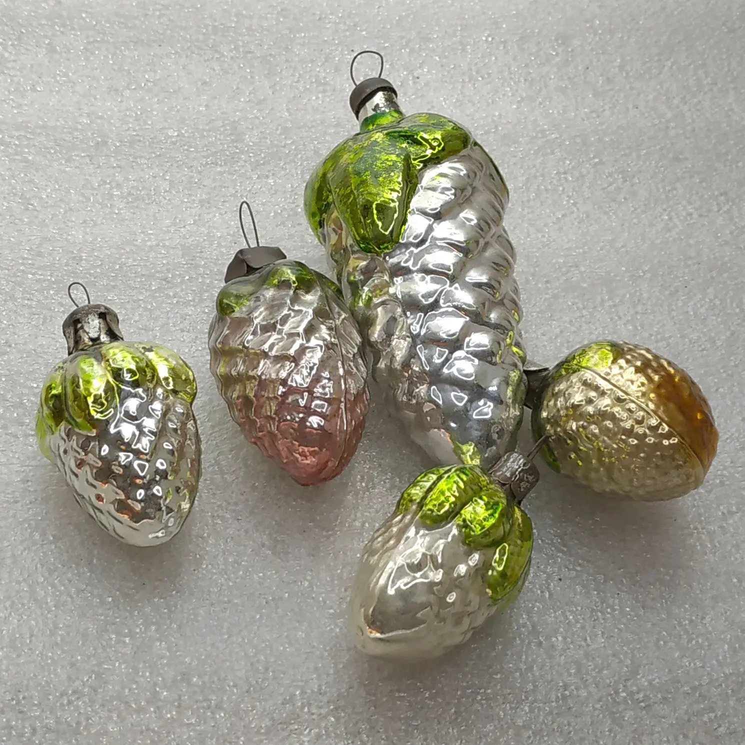 Set of 5 Vintage Soviet Silver Glass Christmas Tree Ornaments Flowers Bells Retro Decor