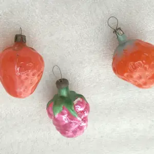 Set of 3 Antique Vintage Glass Christmas USSR Ornaments Decor Strawberry