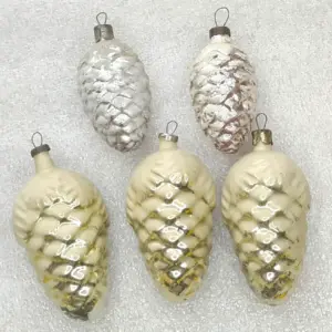 Set of 5 Vintage Silver Glass Christmas USSR Ornaments Pinecones