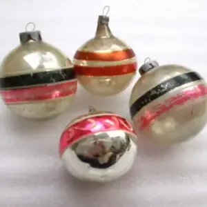 Set of 4 Vintage Silver Glass Russian Christmas Ornaments Old Balls