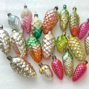 Set of 19 Antique Vintage Silver Glass Christmas Ornaments USSR Decor Pinecones