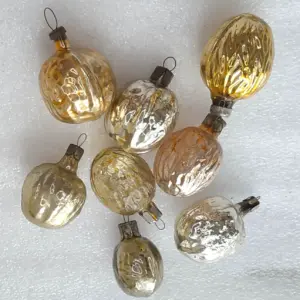 Set of 8 Antique Vintage Silver Glass Christmas Ornaments USSR Nuts