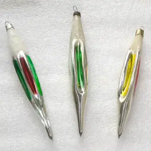 Set of 3 Antique Vintage Silver Glass Christmas Ornaments USSR Icicles