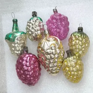 Set of 7 Vintage Christmas Silver Glass Ornament USSR Tree Antique Decor Grapes