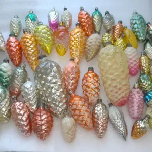 Set of 57 Vintage Christmas Silver Glass Ornament USSR Tree Antique Decor Pinecone