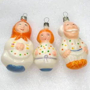 Set of 3 Vintage Soviet Glass Christmas Ornaments Restored Hand Painted Inside Family